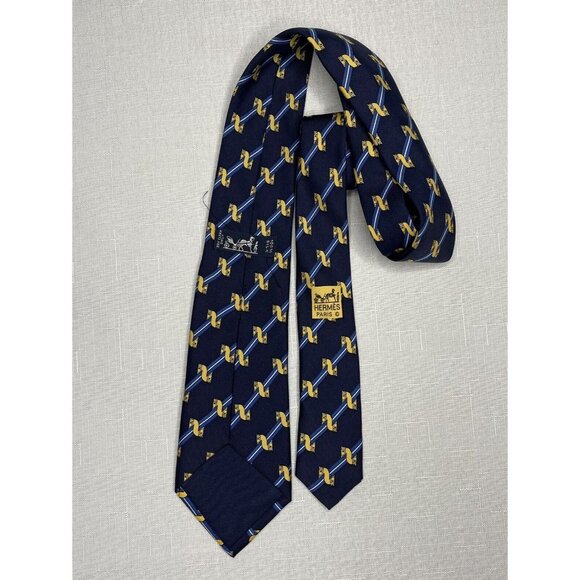 HERMES VINTAGE HORSE HEAD TIE RIDING CASTLE STRIPE HIGH END FRANCE BLUE YELLOW